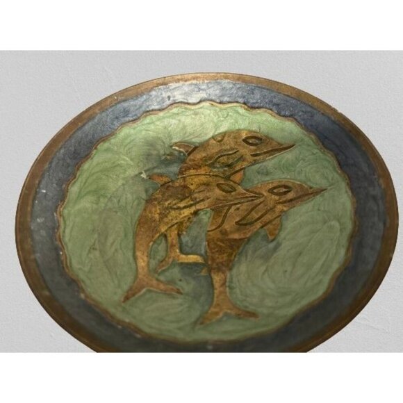 Vintage Pedestal Enamel Brass Trinket Dish with Dolphin Scene 5.5" - Picture 4 of 6